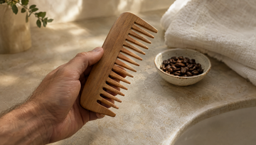 Hand met een houten kam boven een badkamerblad met een schaaltje koffiebonen, Alpecin of minoxidil tegen haaruitval