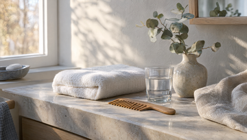 Rustige badkamerplank in ochtendlicht met een opgevouwen witte handdoek, een glas water, een houten kam en een takje eucalyptus, omslag bij minoxidil bijwerkingen