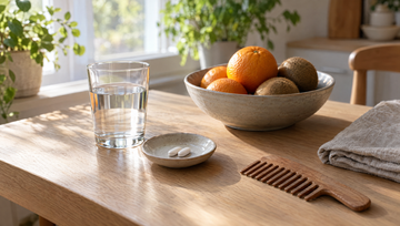Ontbijttafel in ochtendlicht met een glas water, twee witte tabletten, fruit en een houten kam, Viviscal Pro haarsupplement